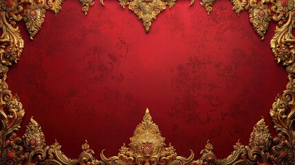 Elegant Red Background with Ornate Gold Frame Design for Luxury Decor and Design Projects