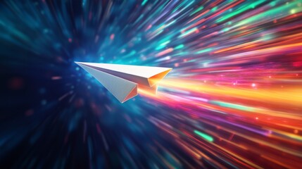 Naklejka premium Dynamic paper plane launching through colorful light trails digital space animation futuristic close-up creativity and innovation
