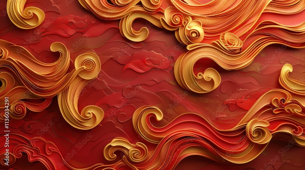 Poster vibrant abstract waves in red and gold, elegant curves and flowing patterns, fluid design with rich 