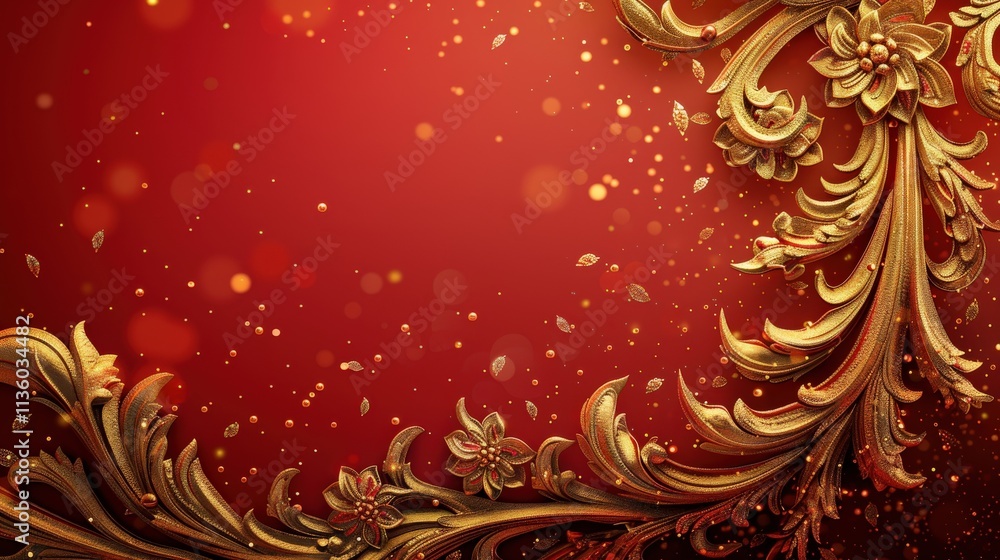 Poster elegant golden floral pattern on a deep red background with sparkling bokeh effects, creating a luxu