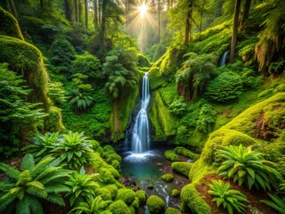 Fototapeta premium Aerial View of a Lush Green Temperate Rainforest Showcasing Biodiversity with Moss, Ferns, and Cascading Waterfalls in a Vibrant Natural Landscape