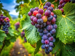 Aerial View of a Lush Vineyard Showcasing a Closeup of a Grape Bunch Dripping with Rain, Capturing the Beauty of Nature's Bounty in a Serene Landscape