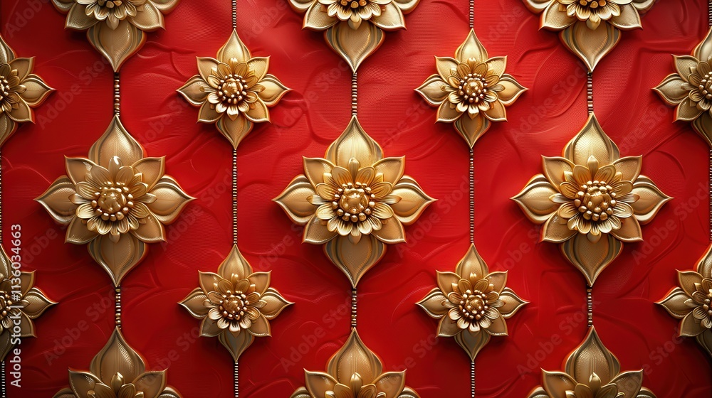 Poster elegant red background with golden floral relief patterns for decorative and artistic use in various