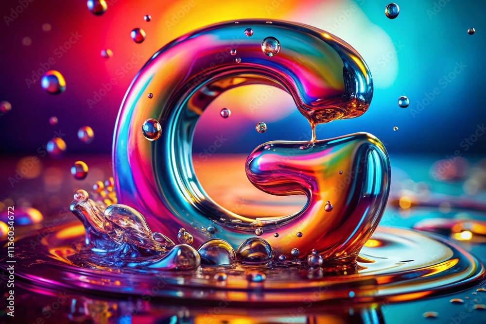 Poster aerial view of a realistic dripping liquid letter 'g' animation in vibrant colors, showcasing fluid 