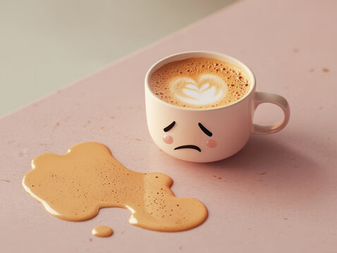 Spilled coffee with sad face mug on pink surface depicting morning mishap