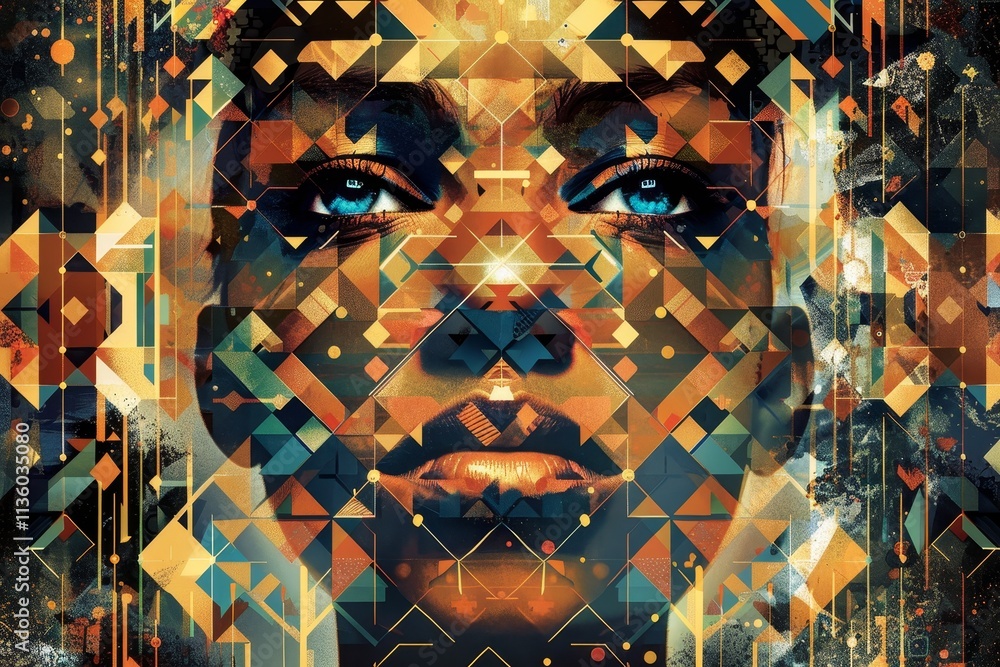 Poster a close-up, abstract portrait of a womans face, rendered in geometric shapes and patterns, a face ma
