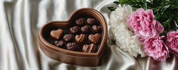 Obraz premium Heart-shaped chocolate box with assorted pralines next to pink and white flowers on elegant satin fabric background