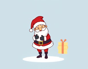 cartoon santa claus holding a present in his hand.