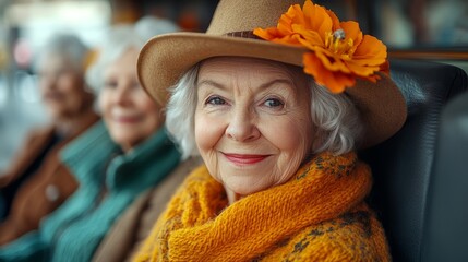 Three joyful elderly women share smiles on a bus, displaying friendship and bright fashion