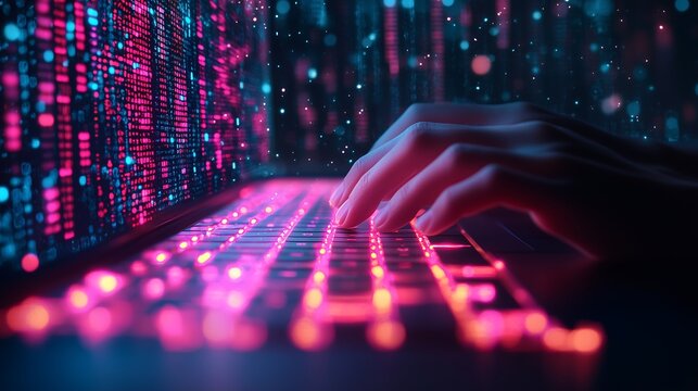 Cybernetic Symphony: Hands swiftly dance across a glowing keyboard, illuminated by cascading streams of binary code.  A captivating image representing the digital realm and technological prowess. 