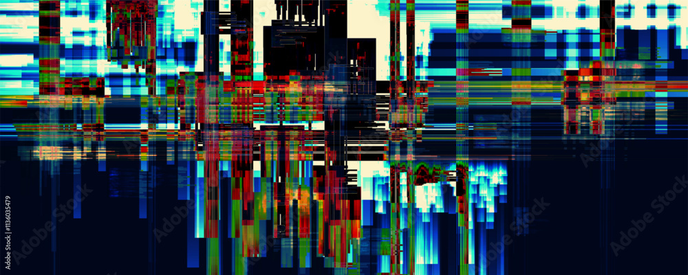 Poster glitch background. digital colorful distortion with pixelated interference and corrupted screen visu
