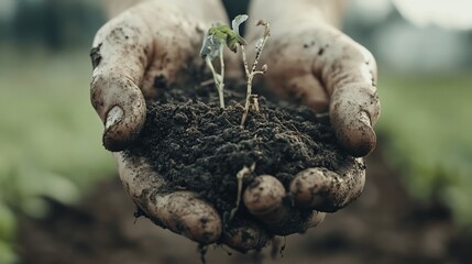 Hands holding young plant and soil.