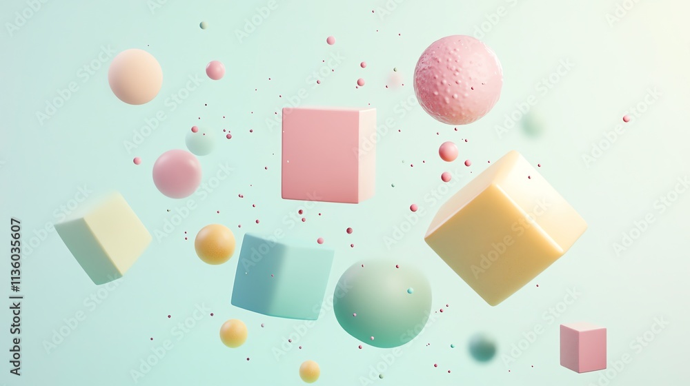 Poster 3d rendering of colorful spheres and cubes floating in a pastel space.