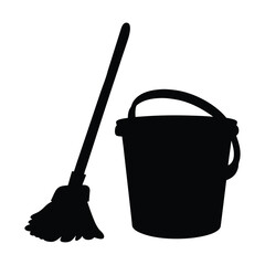 Mop and bucket vector silhouette illustration © Flyillustrations