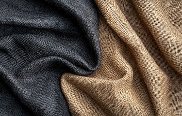 Fototapeta premium Draped Black and Beige Burlap Fabric Texture