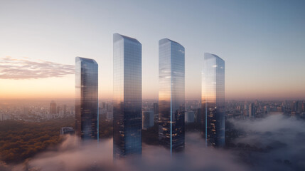 Four modern skyscrapers emerging from morning fog at sunrise