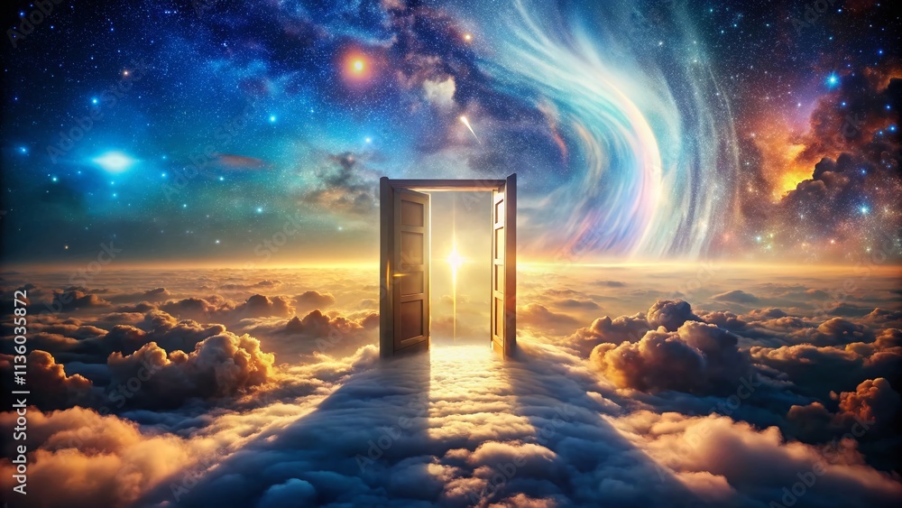 Poster aerial view of an open door to infinity: 3d perspective into the unknown, inviting exploration of bo