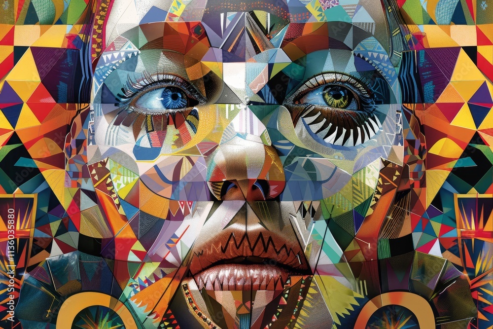 Poster a colorful, close-up portrait of a womans face, constructed entirely of geometric shapes and pattern