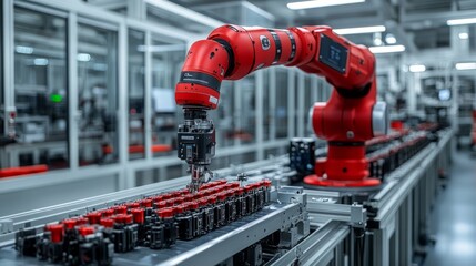 A red robotic arm skillfully assembles electronics on a conveyor belt in a high-tech production facility, highlighting advanced automation