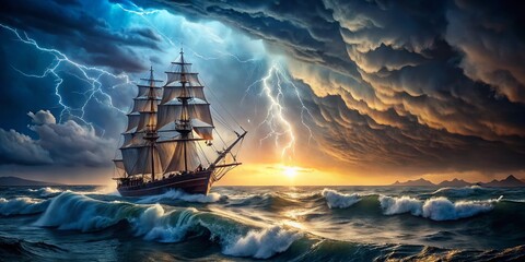 Aerial View of an Old Clipper Ship Battling Stormy Seas with Lightning Striking the Sky, Capturing the Raw Power of Nature and Maritime Adventure in Stunning 4K Resolution