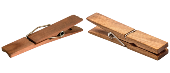 Two wooden clothespins are shown from different angles isolated with transparent background