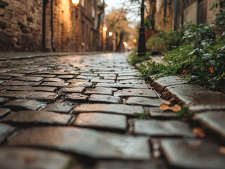 Rain-soaked cobblestone street at dusk with warm lantern glow in a historic town