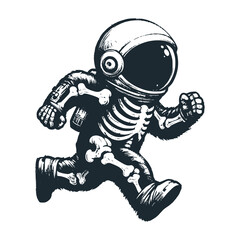 Cute astronaut showing his skull bones . Black white vector icon and logo illustration.	
