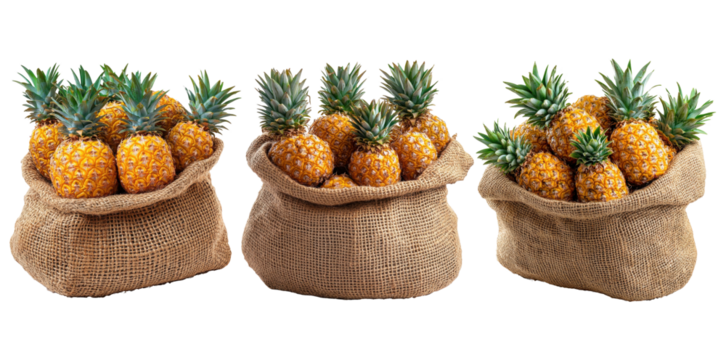 Set of Rustic burlap sacks filled with fresh pineapples isolated on transparent background