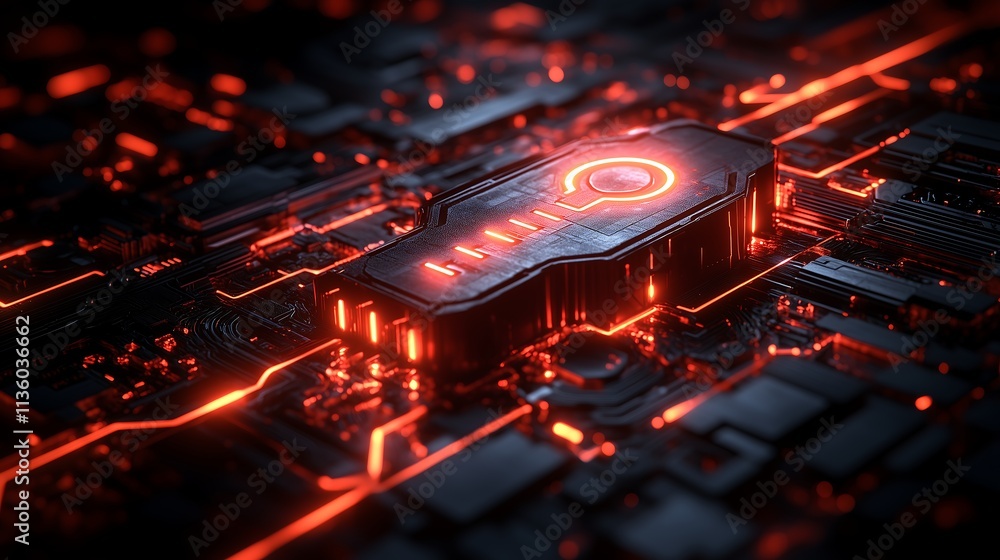 Poster cybernetic key: a futuristic, glowing red key embedded in a complex circuit board. intricate details