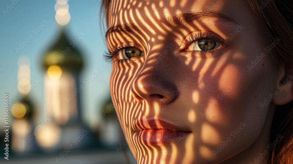 Poster intricate shadow patterns on face with sunlit dome background
