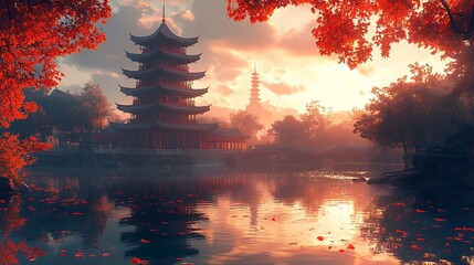Obraz premium Serene Autumn Sunset Over Pagoda And Calm Water