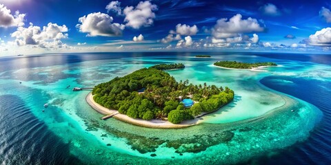 Obraz premium Aerial View of Maldives: Stunning Double Exposure Photography Capturing the Beauty of Maldivian Islands During a Hot Summer Day from Above, Showcasing Turquoise Waters and Lush Greenery