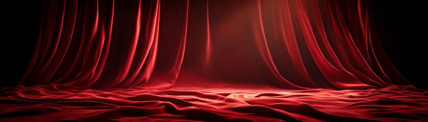 Dramatic red curtain falling on dimly lit stage