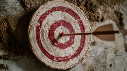 Vintage wooden target with arrow perfectly hits bullseye on rustic wall background