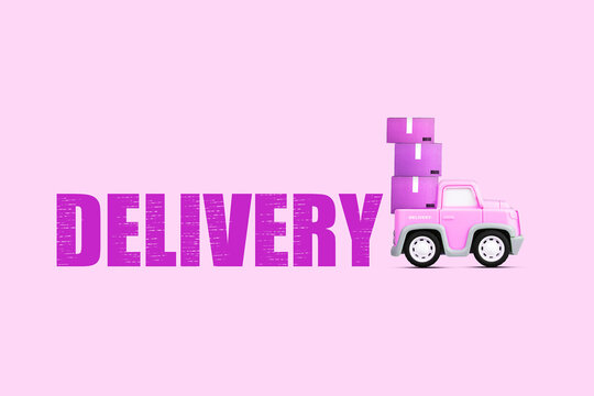 Delivery concept. Pink delivery car with boxes in the back, on a pink background. Copy space. Background for the carrier company and delivery.