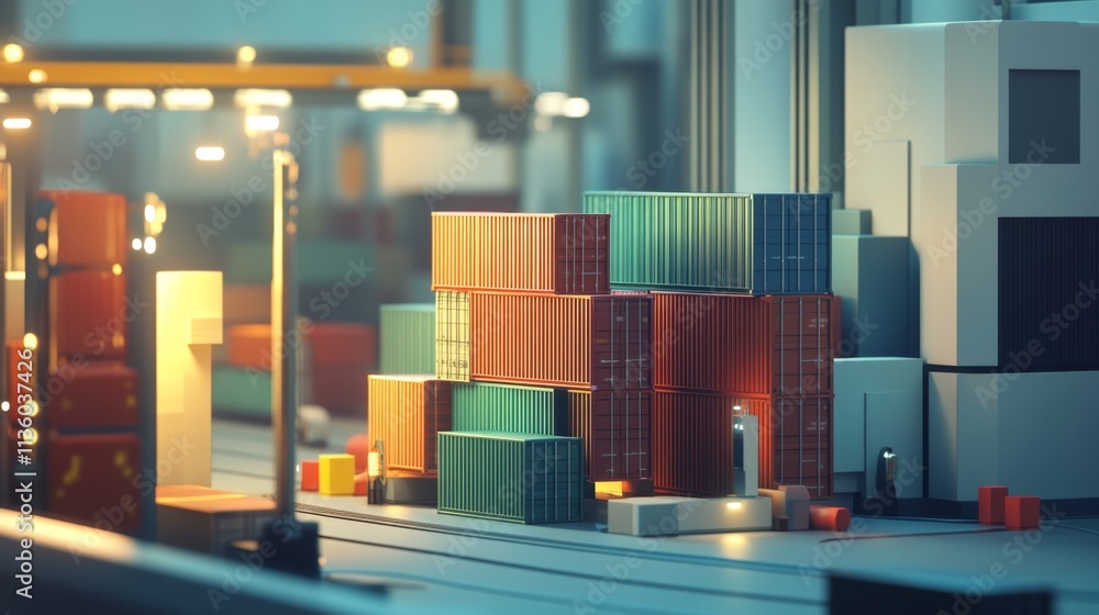Poster container stacking operations industrial port 3d render urban environment close-up view logistics ma