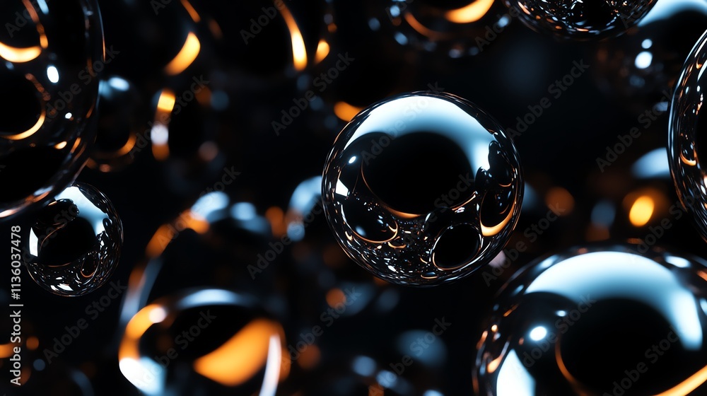 Poster a 3d rendering of a cluster of shiny chrome spheres floating in a dark, ambient space.