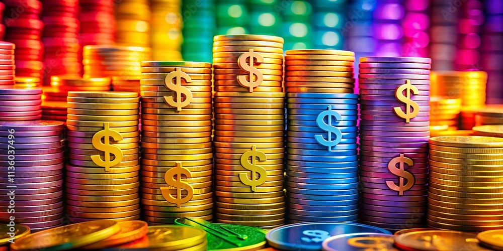 Poster aerial view of stacked coins and dollar signs against a colorful abstract background representing fi