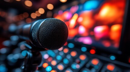 Microphone Close-up: A black condenser microphone stands poised, ready to capture sound against a backdrop of vibrant, blurry stage lights. The image exudes energy and anticipation. 