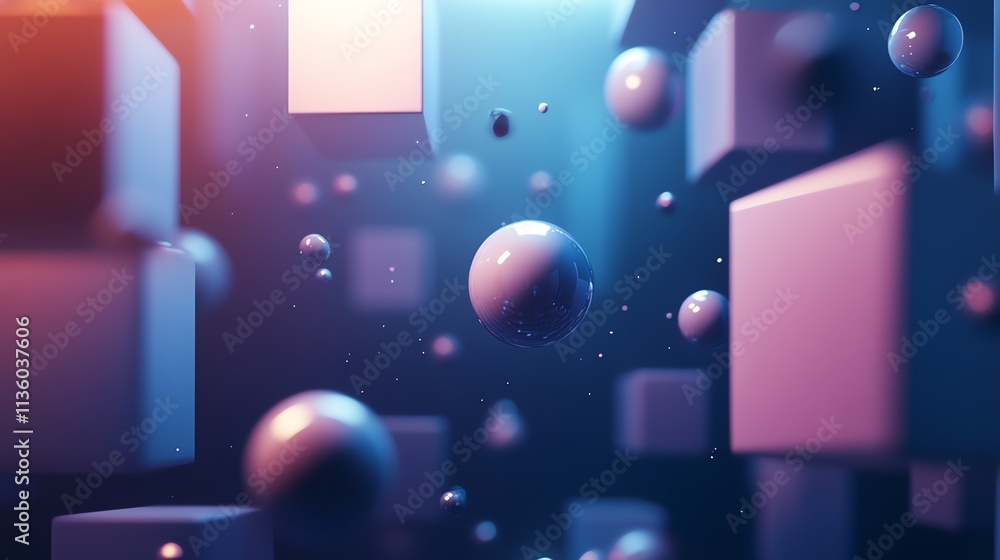 Poster abstract 3d rendering of white cubes and spheres with warm and cool lighting.