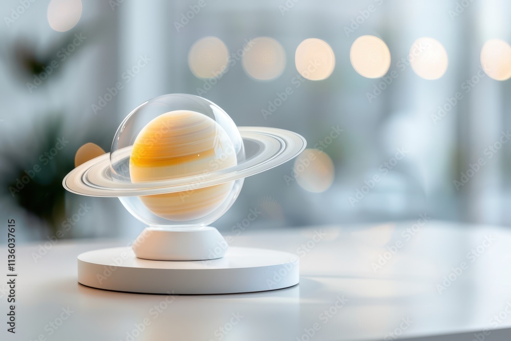 Poster a model of saturn with rings displayed on a minimalist base, set against a softly blurred background