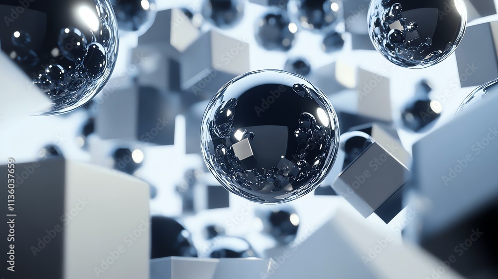 Poster a 3d rendering of shiny silver spheres and cubes.