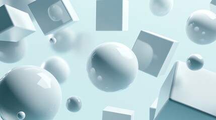A 3D rendering of a cluster of floating white spheres and cubes, some in focus and some blurred, against a soft blue background.