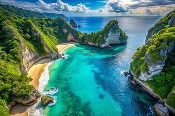 Obraz premium Aerial View of Turquoise Waters Nestled Between Rocky Cliffs with Lush Greenery and Sandy Beach for Captivating Food Photography Inspiration
