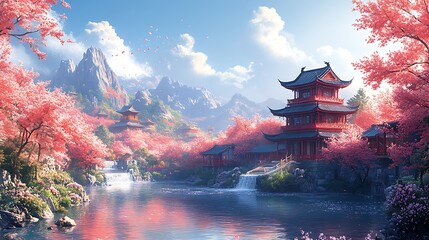Obraz premium Serene Asian Village nestled amongst Blossom Trees and Mountains
