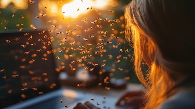 A young woman is typing on her laptop, and a swarm of midges and mosquitoes buzz nearby. Harmful insects in the summer season. Close-up