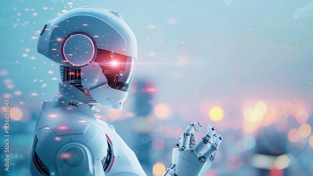 Poster a futuristic robot with glowing features stands thoughtfully against a blurred cityscape, embodying 