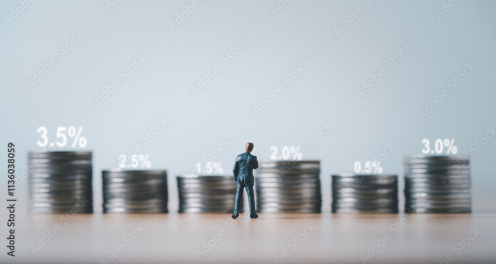 Poster businessman miniature figure standing with coins stacking in different number of interest rating for