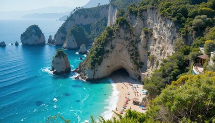 Picturesque beach cove with people enjoying the sun