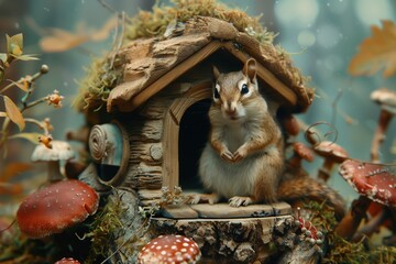Obraz premium A charming chipmunk sits at its rustic wooden home surrounded by vibrant mushrooms.